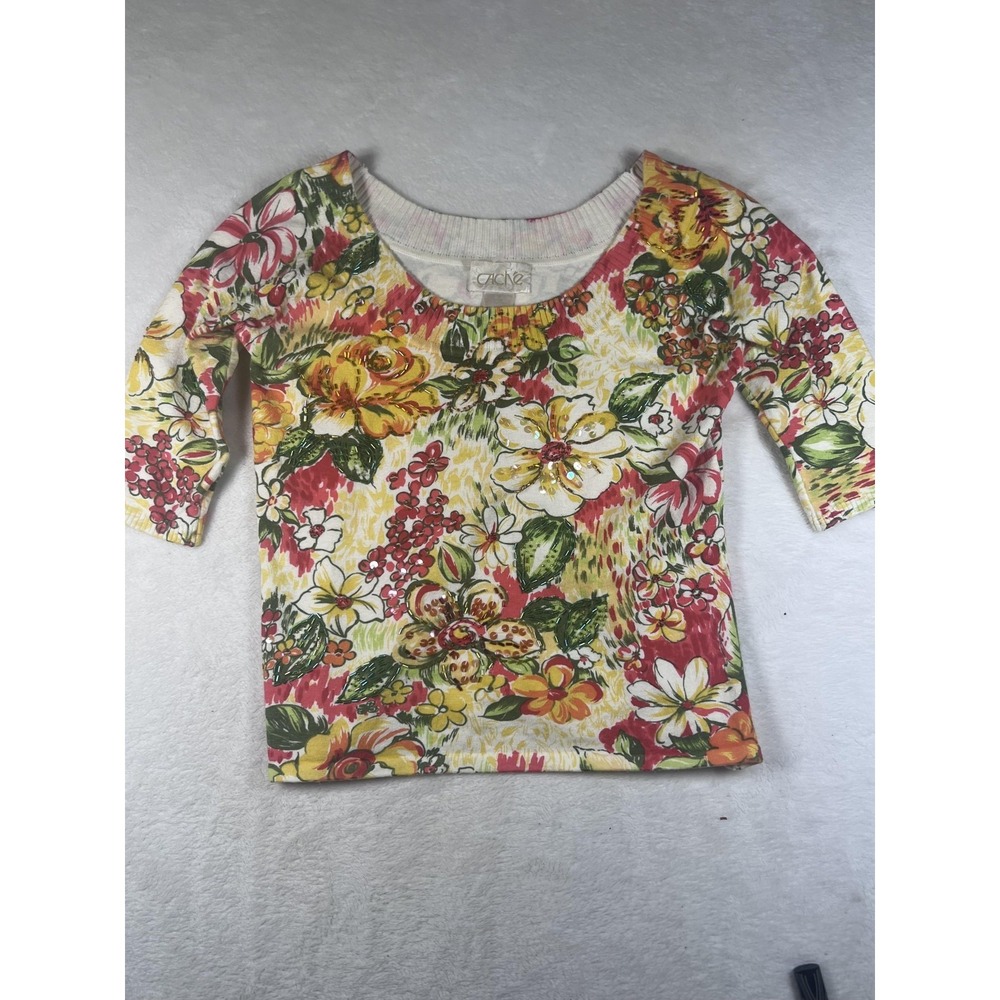 Cache Womens‎ Shirt Medium Multicolor Floral Beaded Sequin Scoop Neck 3/4 Sleeve